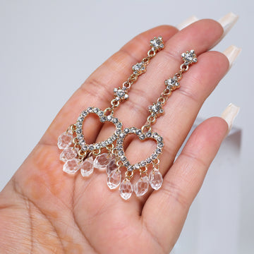 Golden Heart Drop Rhinestone Crystal tassel Earrings, Long Tassel Earrings, Valentine Statement earrings.